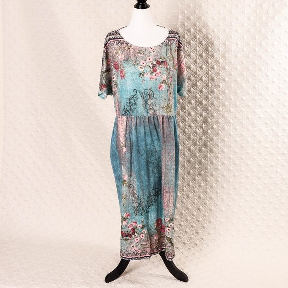 NWT Pink Daisy | Teal Ombré Floral Pocket T-Shirt Dress - 2X - Picture 1 of 4